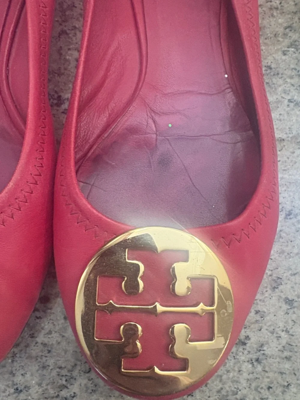Tory Burch Red Leather Logo Ballet Flats with Gold Medallions - Picture 5 of 6